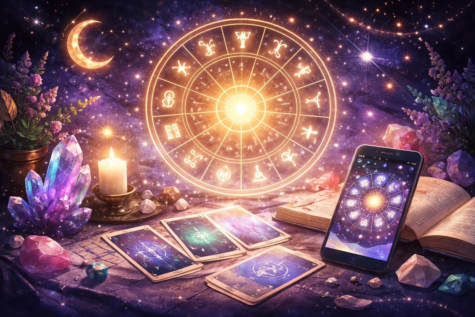 Digital illustration of astrology with a glowing zodiac wheel, cosmic stars, crystals, tarot cards, and a smartphone displaying zodiac signs, set in a mystical night sky scene in 16:9 format.