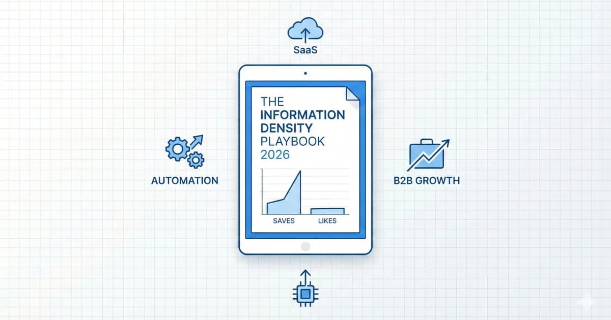 Featured hero image for the 'Information Density Playbook 2026' regarding TikTok B2B SaaS marketing. The infographic illustrates the strategic shift from high-friction manual video editing to an automated system focused on maximizing 'Save-to-View' ratios. It highlights the 'Ops Advantage' of using high-density slideshows to trigger long-term search visibility and conversion benchmarks in the 2026 digital landscape.