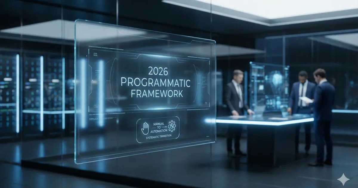 A high-tech dashboard showcasing the 2026 Programmatic Content Framework and automated Slide-Ops for scaling SaaS companies without a video team.