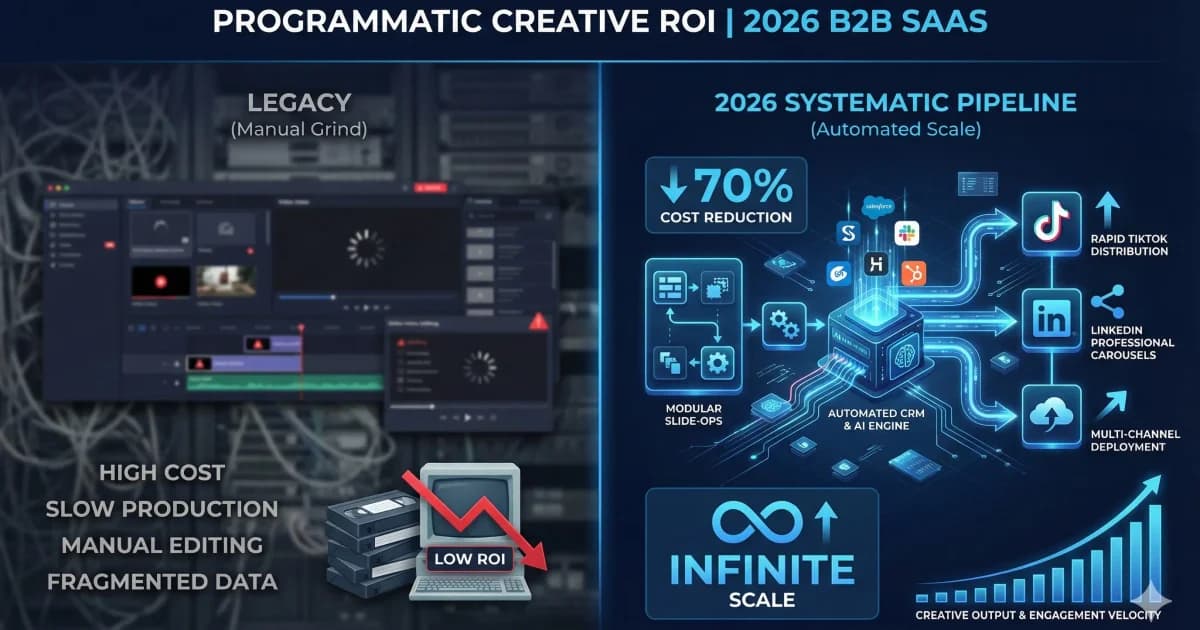 A comprehensive 2026 B2B SaaS marketing dashboard illustrating the shift to programmatic creative. The visual shows the replacement of manual video editing with an automated, modular pipeline that integrates CRM data and Slide-Ops for scalable TikTok and LinkedIn distribution, highlighting the economic impact on SaaS growth
