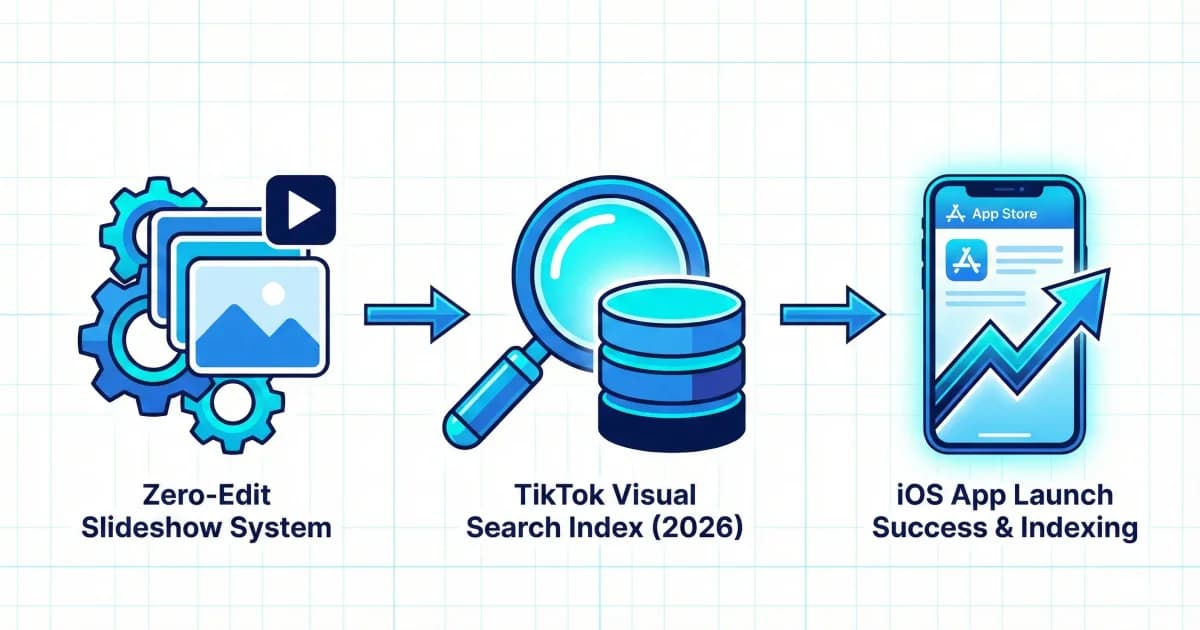 A strategic infographic illustrating the 2026 Zero-Edit App Launch framework, demonstrating how automated slideshow systems drive iOS app indexing directly within TikTok's visual search engine for high-velocity discoverability.