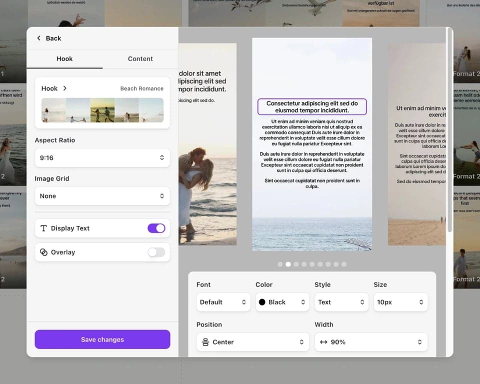 Slideshow format editor with image, text and layout settings
