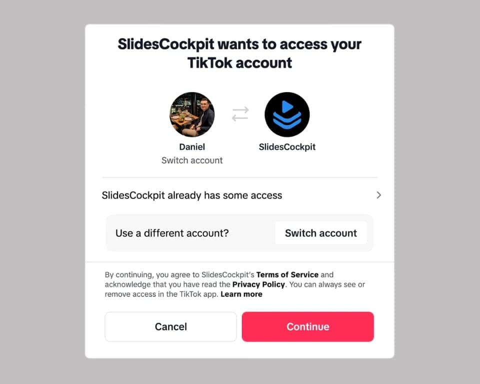 TikTok permissions screen for connecting an account to SlidesCockpit