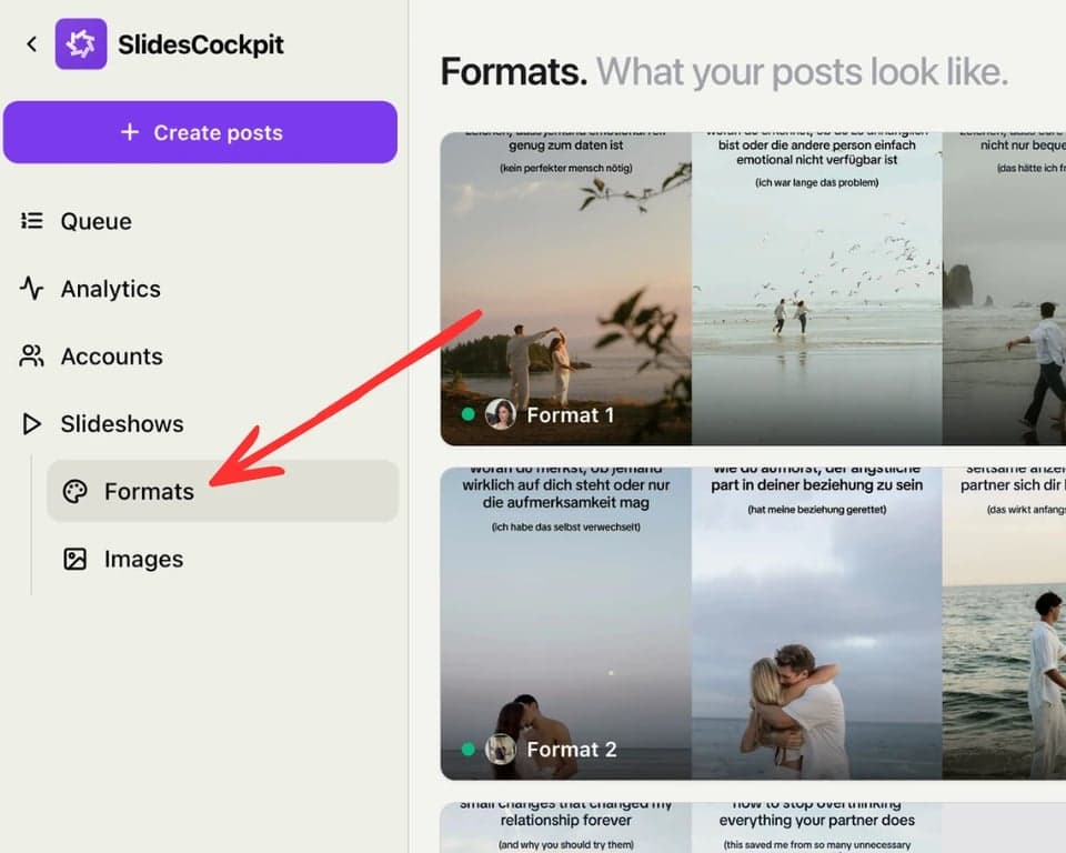 Slideshow formats configured for automatic TikTok posting