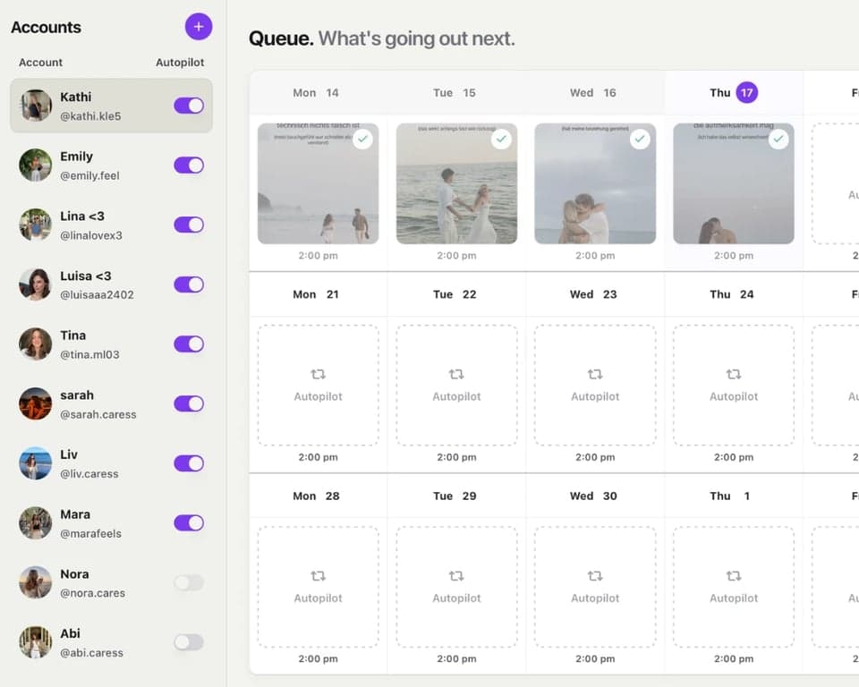TikTok publishing calendar with scheduled slideshows and autopilot slots