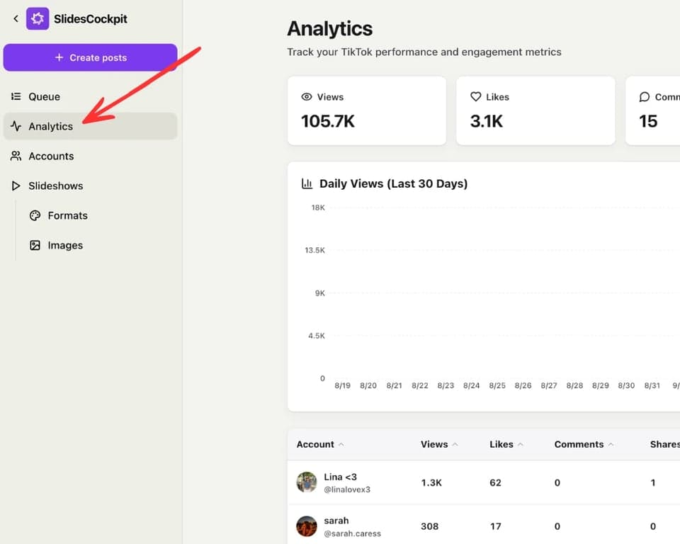 TikTok analytics dashboard with views, likes and account performance