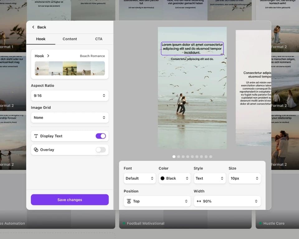Slideshow editor with live slide preview and text formatting controls