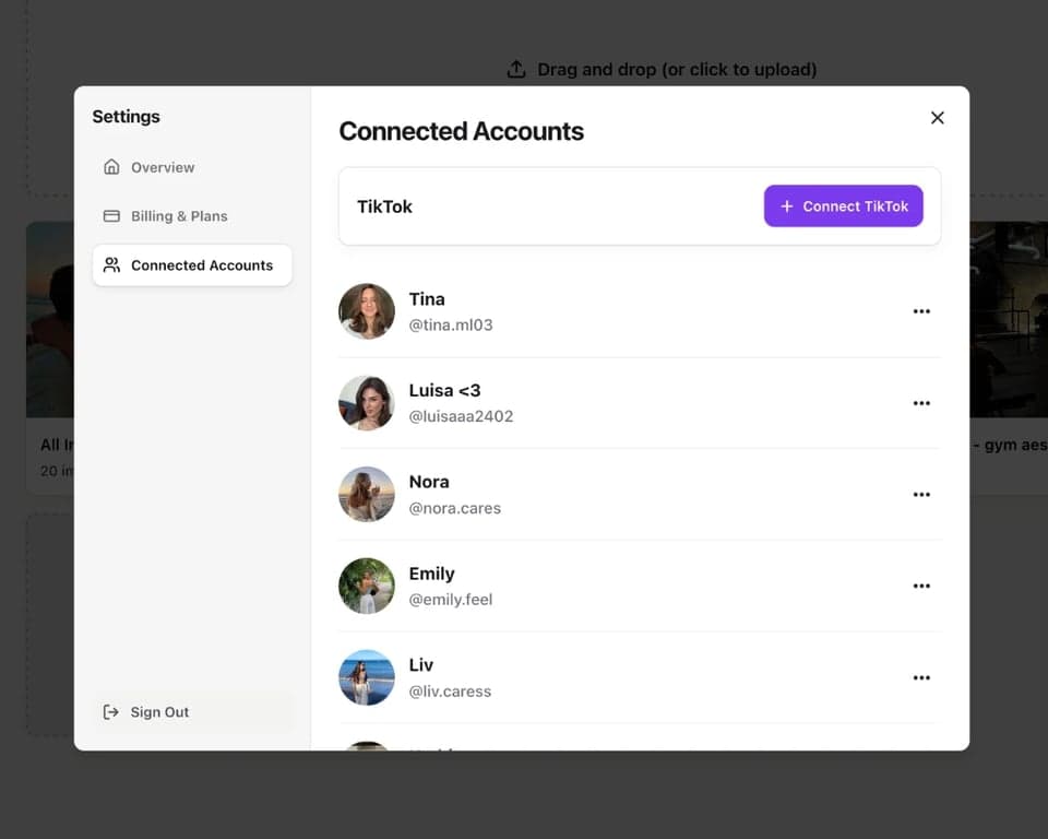 Connected TikTok accounts managed together in SlidesCockpit settings